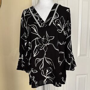 Karl Lagerfeld Paris Beaded Trim Bell Sleeves VNeck Pop Over Blouse Floral Print